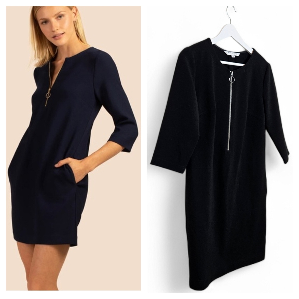 Trina Turk Dress Size 2 Versed Zip Front 3/4 Sleeve Sheath Workwear Black